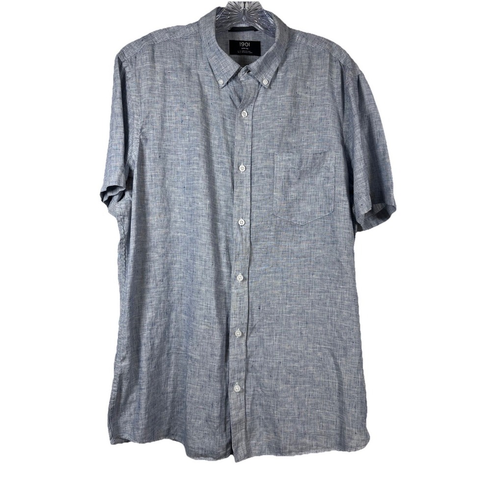 1901 Sz L Shirt 100% Linen Men's Blue Short Sleeved Oxford Button Up Midweight